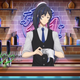 An anime bartender cleans a glass while standing behind a bar.